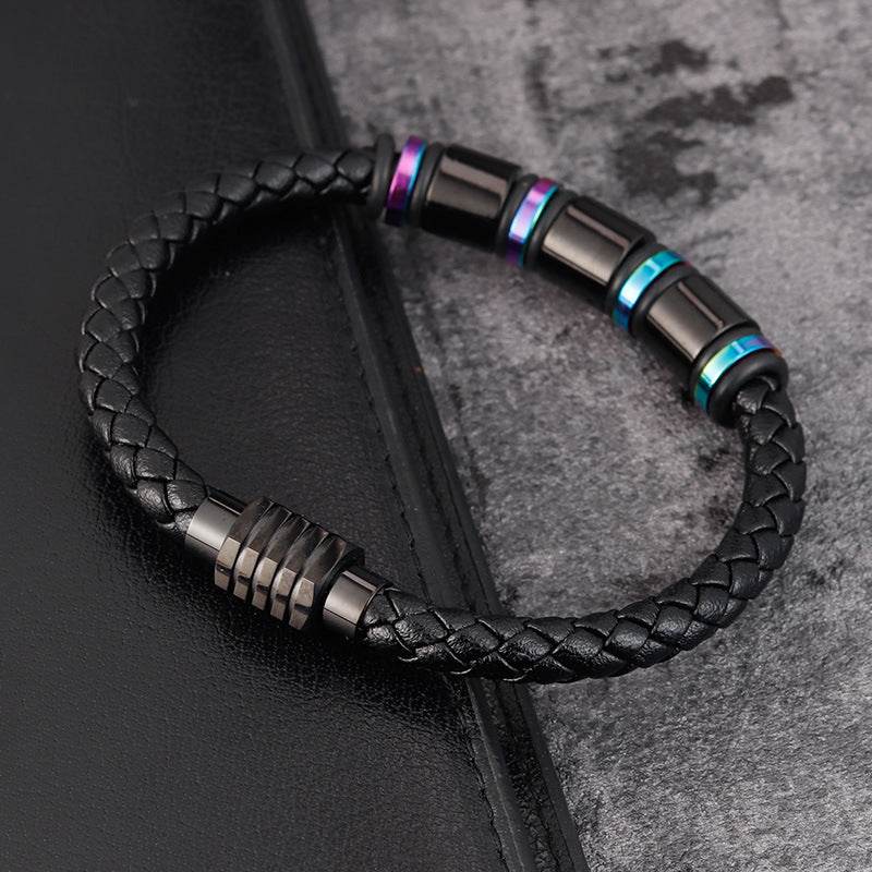 Mens Leather Titanium Steel Simple Bracelet - Mubimart