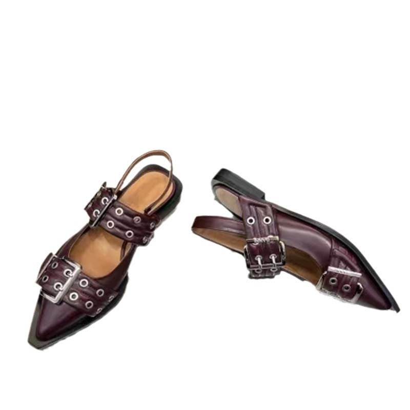 Pointed Toe Belt Buckle Mules Leather Flat Sandals - Mubimart