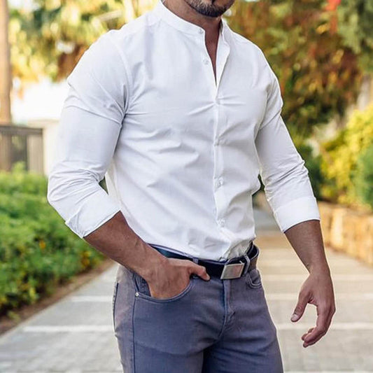 Long Sleeve Shirt Men Casual Button Down Slim Tops Solid Color Casual Mens Clothing - Mubimart
