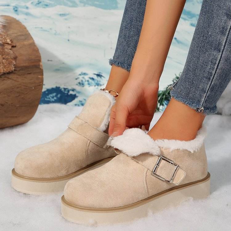 Winter Buckle Snow Boots Fashion Flat Thick-soled Cotton Shoes Round Toe Plus Velvet Warm Ankle Boot For Women - Mubimart
