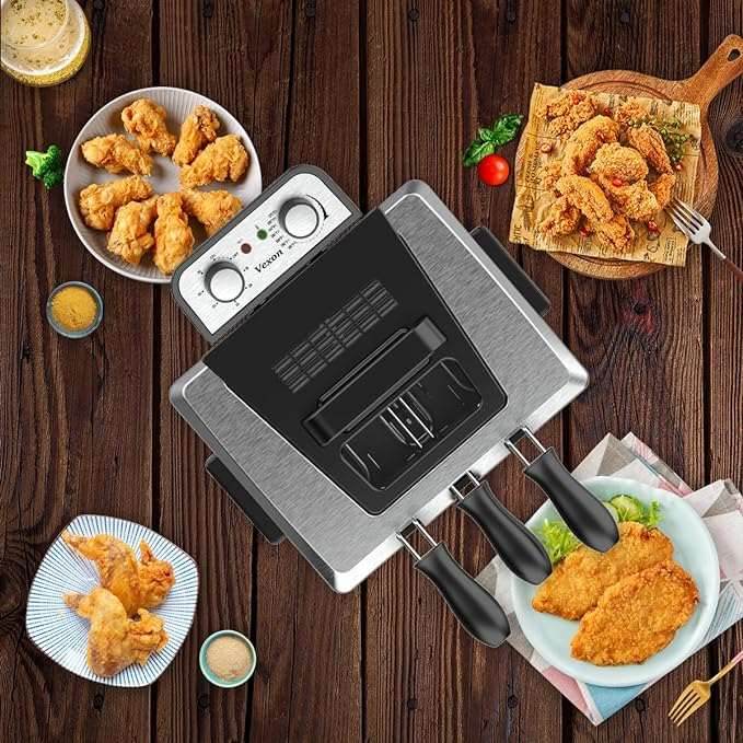 1800W 5 Liters 21 Cups Large Electric Deep Fryer With 3 Frying Baskets For Home Use, Adjustable Temperature,View Window Lid,Countertop Stainless Steel Body Deep Fryer Pot,Perfect For Kitchen, Fry Fish - Mubimart