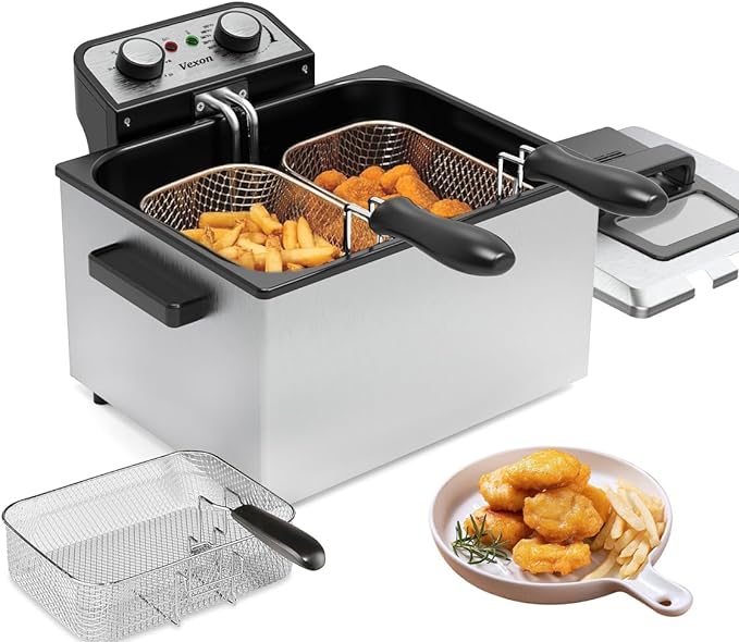 1800W 5 Liters 21 Cups Large Electric Deep Fryer With 3 Frying Baskets For Home Use, Adjustable Temperature,View Window Lid,Countertop Stainless Steel Body Deep Fryer Pot,Perfect For Kitchen, Fry Fish - Mubimart - Deep Fryer 