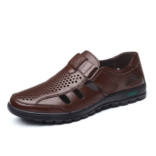 Men's leather hollow breathable sandals - Mubimart