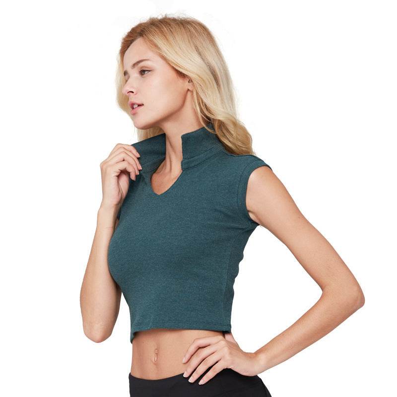 Women Solid Deep V-neck Crop Tops Push Up Fitness Arm Workout Vest - Mubimart