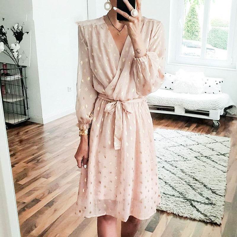 Lantern sleeve belt midi dress - Mubimart