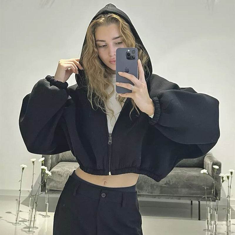 Casual Solid Color Hooded Short Jacket Y2K Fashion Sports Sweatshirt Long Sleeve Zipper Cardigan Hoodies Women's Clothing - Mubimart