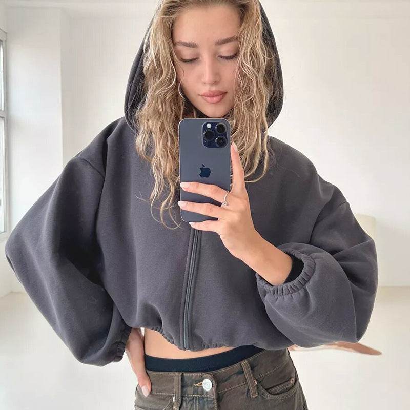 Casual Solid Color Hooded Short Jacket Y2K Fashion Sports Sweatshirt Long Sleeve Zipper Cardigan Hoodies Women's Clothing - Mubimart