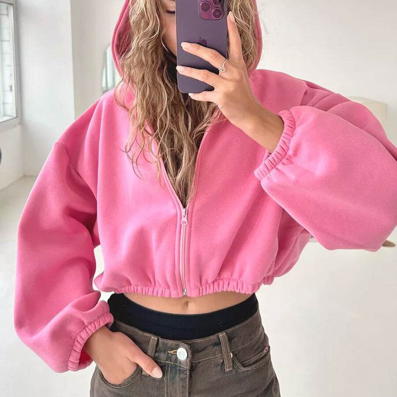 Casual Solid Color Hooded Short Jacket Y2K Fashion Sports Sweatshirt Long Sleeve Zipper Cardigan Hoodies Women's Clothing - Mubimart