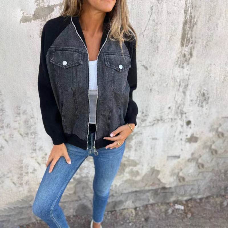Fashion Denim Patchwork Jacket Casual Hooded Zipper Jacket Women's Clothing - Mubimart