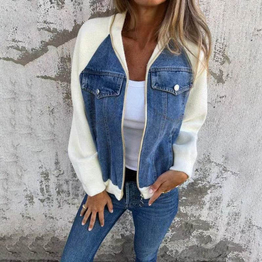 Fashion Denim Patchwork Jacket Casual Hooded Zipper Jacket Women's Clothing - Mubimart