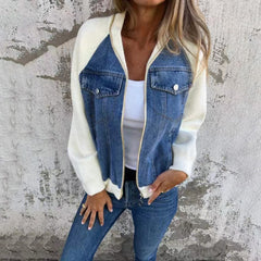 Fashion Denim Patchwork Jacket Casual Hooded Zipper Jacket Women's Clothing - Mubimart -  