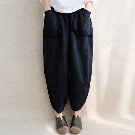 Women Autumn Elastic Waist Solid Pockets Harem Pants Cotton Linen Loose Long Capris Pantalon Trousers Plus Size - Mubimart