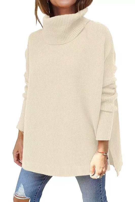Turtleneck Sweater Mid Length Batwing Sleeve Slit Hem Tunic Pullover Sweaters Winter Tops Women Clothing - Mubimart
