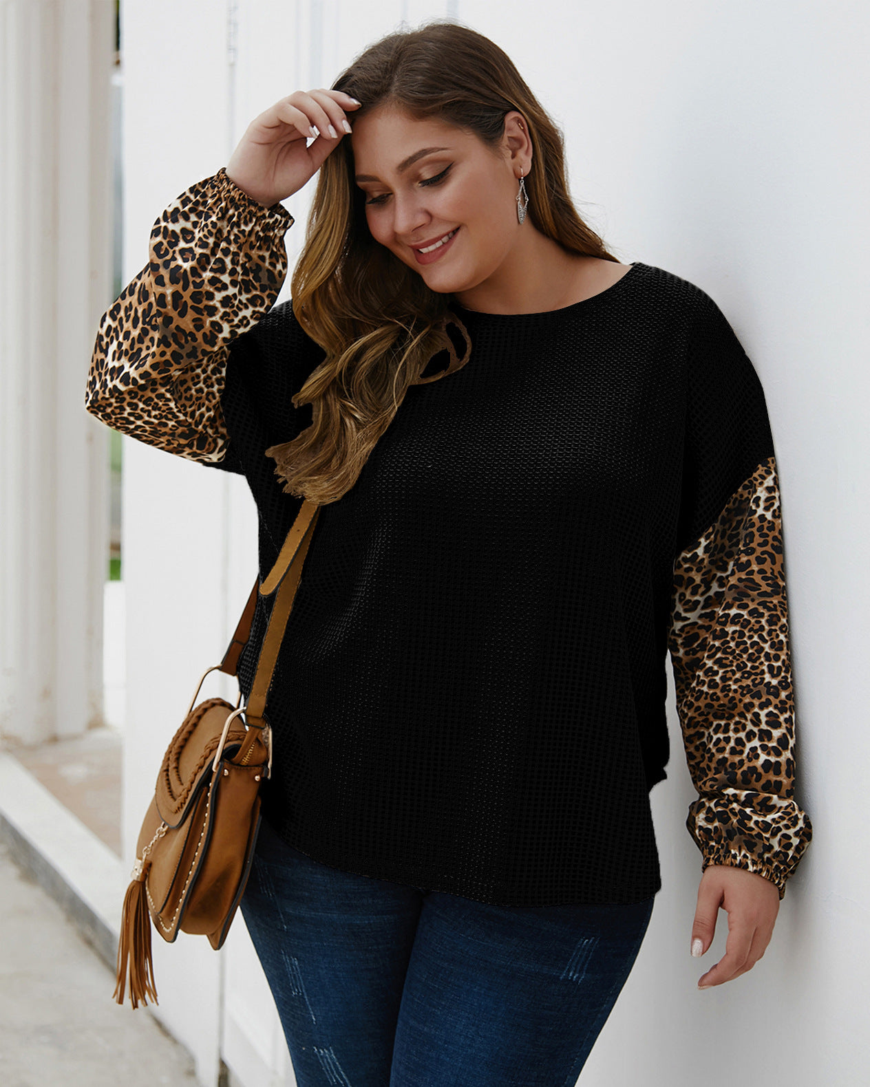 Plus size women's leopard stitch sweater