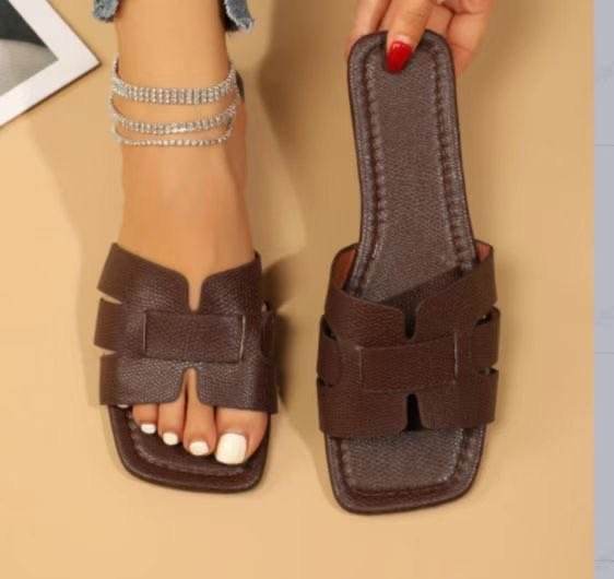 Square Toe Flat Sandals Summer Hollow Out Slides Slippers Women Footwear - Mubimart