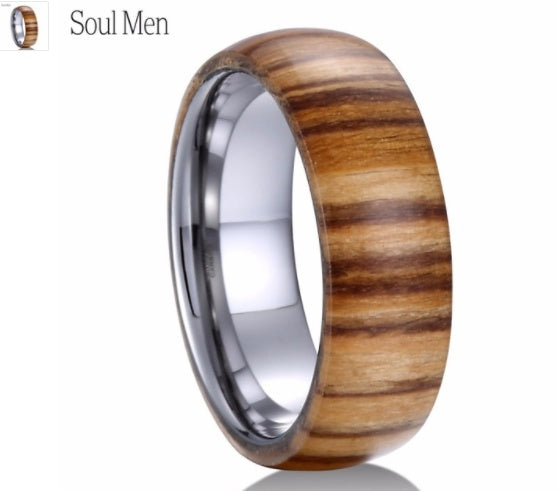 8mm Wood Ring for Men Comfory Fit Tungsten Carbide Wedding Band Inner Color Silver Dome Classic Style