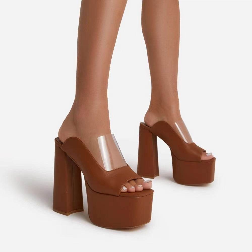 Solid Color Thick Heel Sandal Female - Mubimart