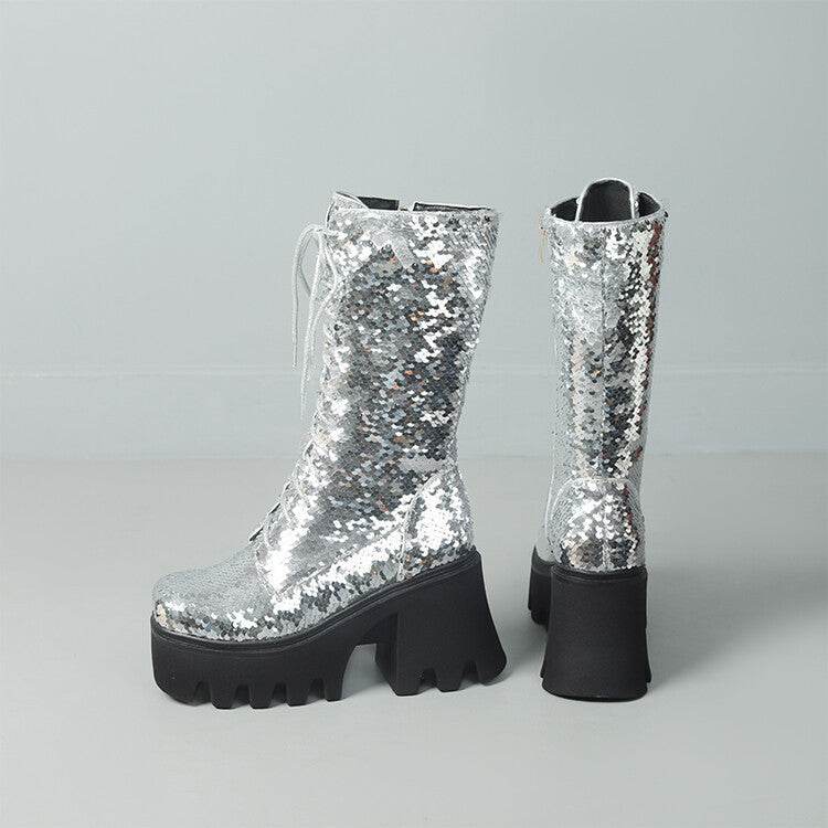 Sequins Mid-calf Martin Boots Round Head Front - Mubimart