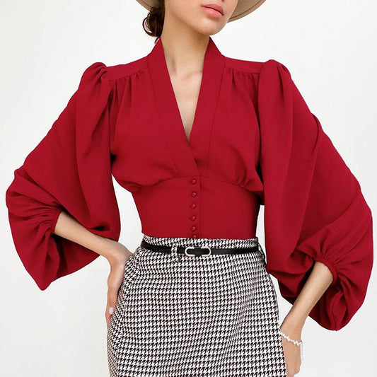 OOTN Elegant White Blouse Women Shirt Top Female Tunic V Neck Button Down Chic Casual Wine Red Blouse Lantern Sleeve Ladies - Mubimart