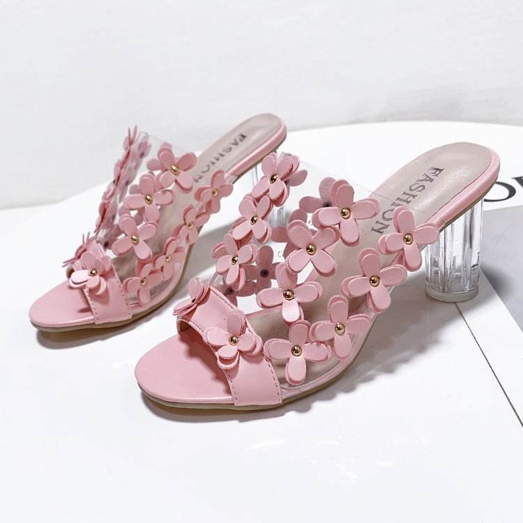 Slotted flower PVC block heel shoes - Mubimart