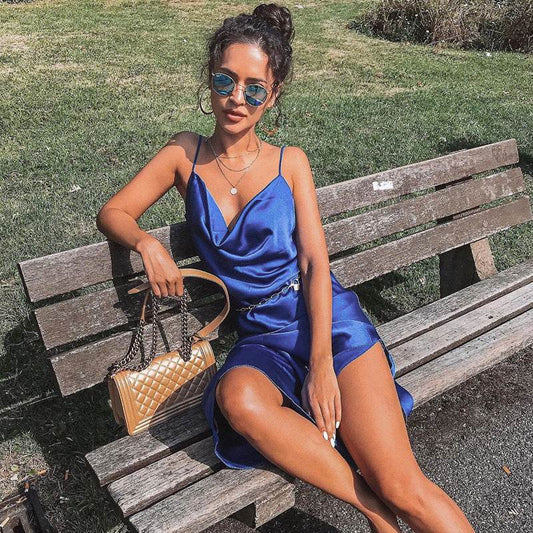 Satin silk ladies midi dress - Mubimart