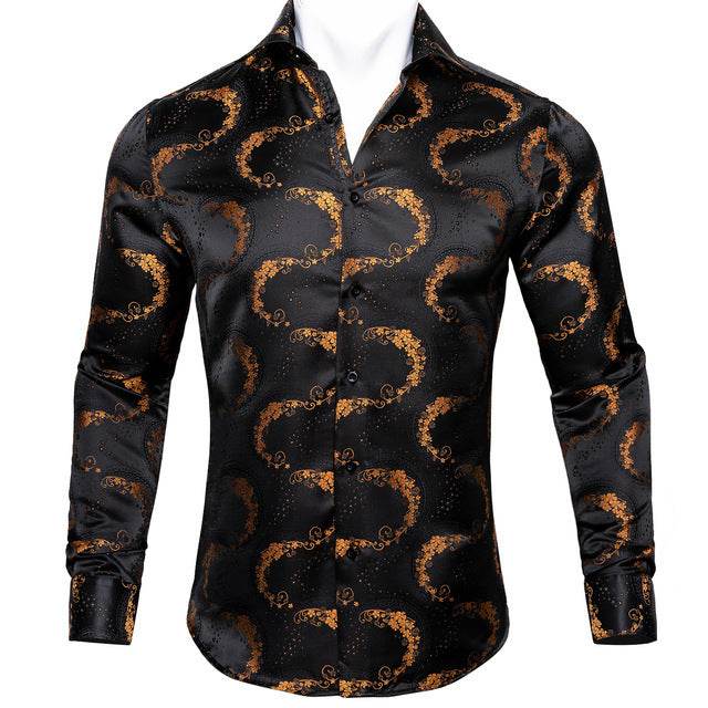 Barry.Wang Teal Paisley Floral Silk Shirts Men Autumn Long Sleeve Casual Flower Shirts For Men Designer Fit Dress Shirt BCY-05 - Mubimart