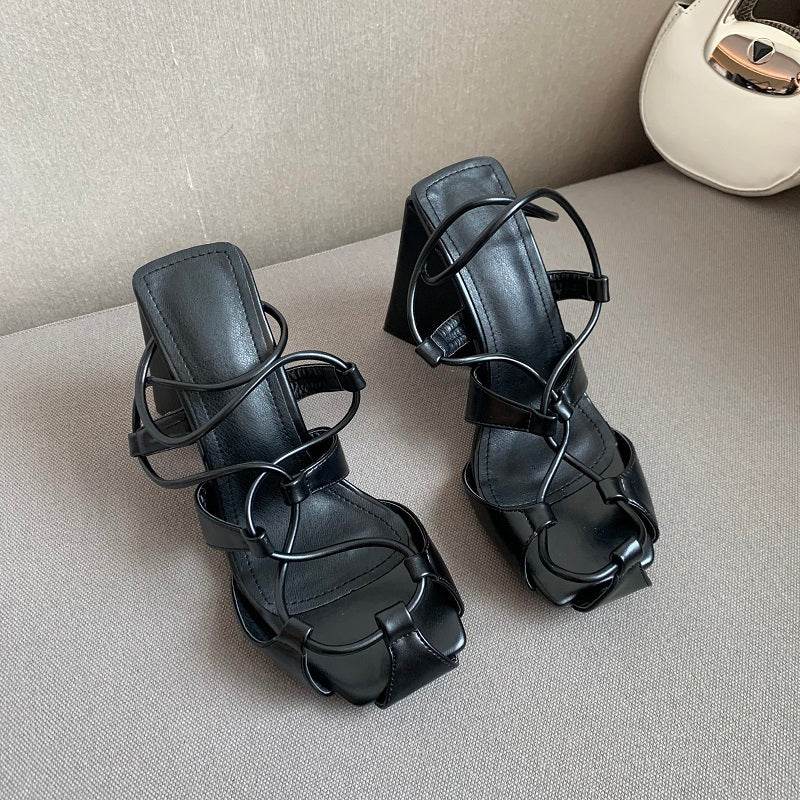 Square Toe Back Hollow Roman Lace Up High Heels - Mubimart