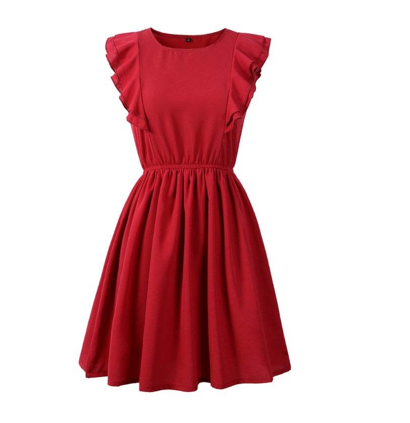 USA SIZE European and American leisure round neck ruffled sleeveless solid color mini dress women's clothing - Mubimart