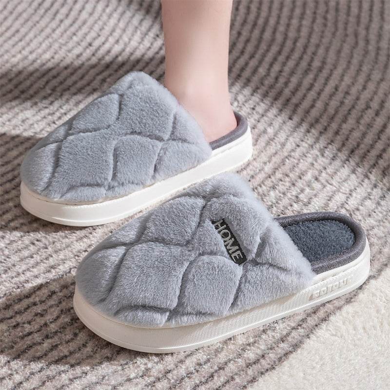 Plush Slippers Winter For Women Indoor Floor Bedroom Home Slipper Warm Solid House Shoes Men Couple - Mubimart