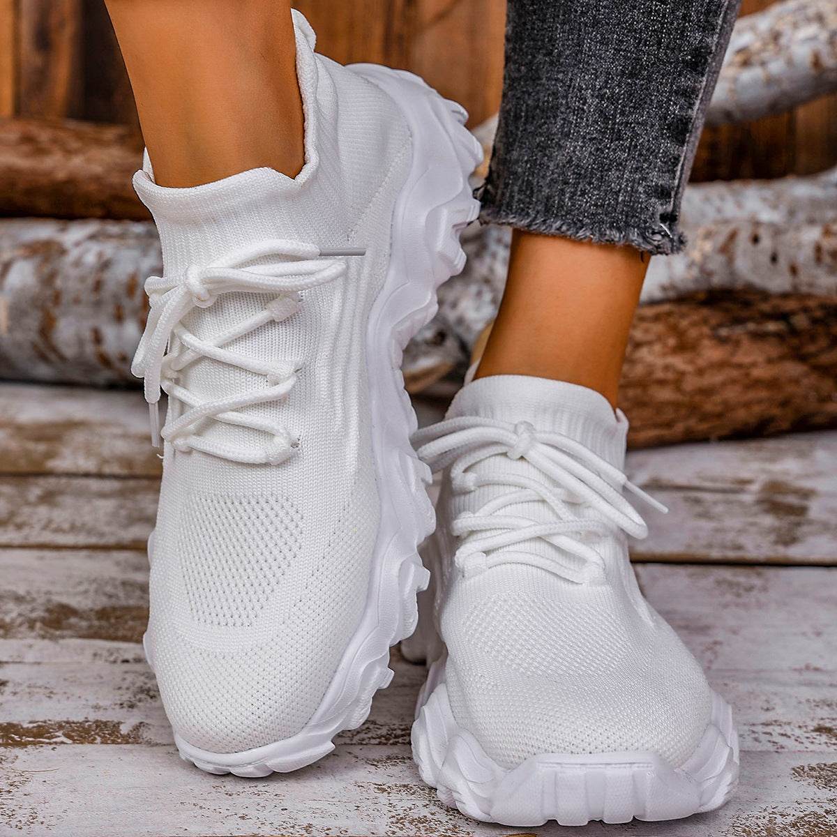Lace-up Sneakers Lightweight Breathable Mesh Shoes Slip-on Running Walking Shoes For Women - Mubimart