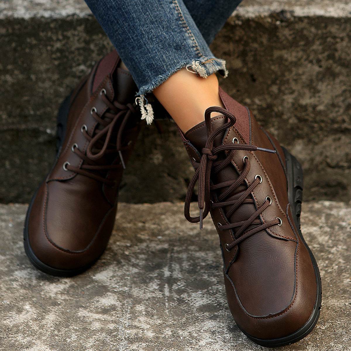 Round Toe Lace-up Ankle Boots Fall Winter Fashion Versatile Non-slip Flat Shoes Retro Western Cowboy Ankle Boot For Women - Mubimart