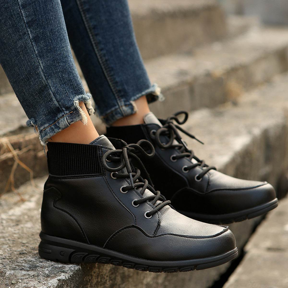 Round Toe Lace-up Ankle Boots Fall Winter Fashion Versatile Non-slip Flat Shoes Retro Western Cowboy Ankle Boot For Women - Mubimart