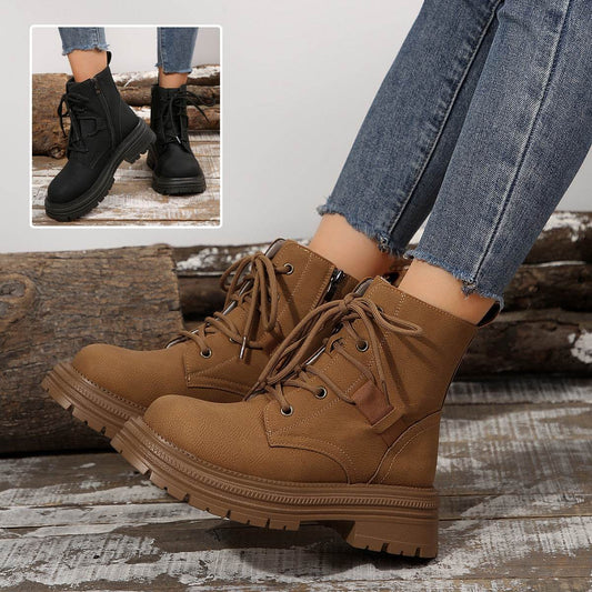 Square-heeled Lace-up Boots For Women Fall Winter All-match Slim Shoes Fashion Ankle Boot - Mubimart
