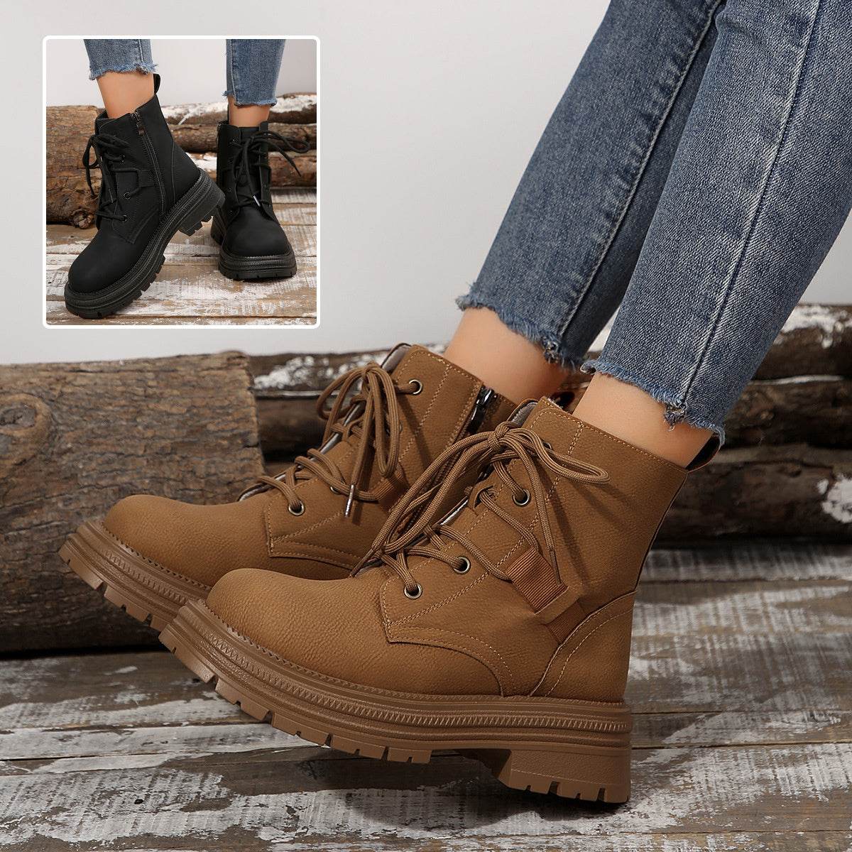 Square-heeled Lace-up Boots For Women Fall Winter All-match Slim Shoes Fashion Ankle Boot - Mubimart