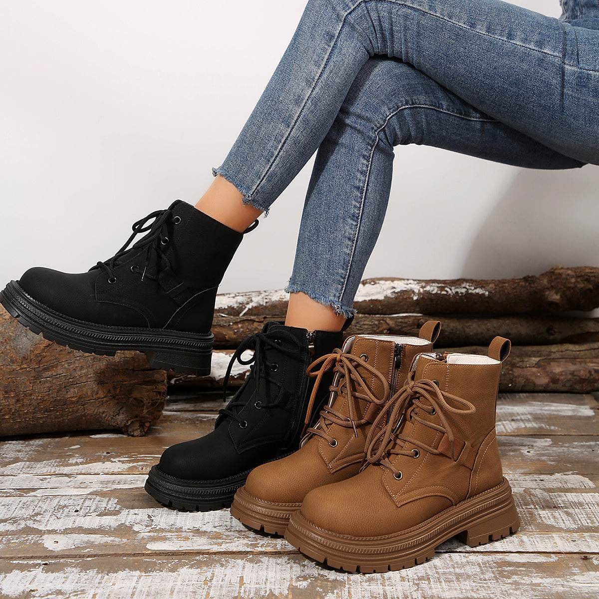 Square-heeled Lace-up Boots For Women Fall Winter All-match Slim Shoes Fashion Ankle Boot - Mubimart