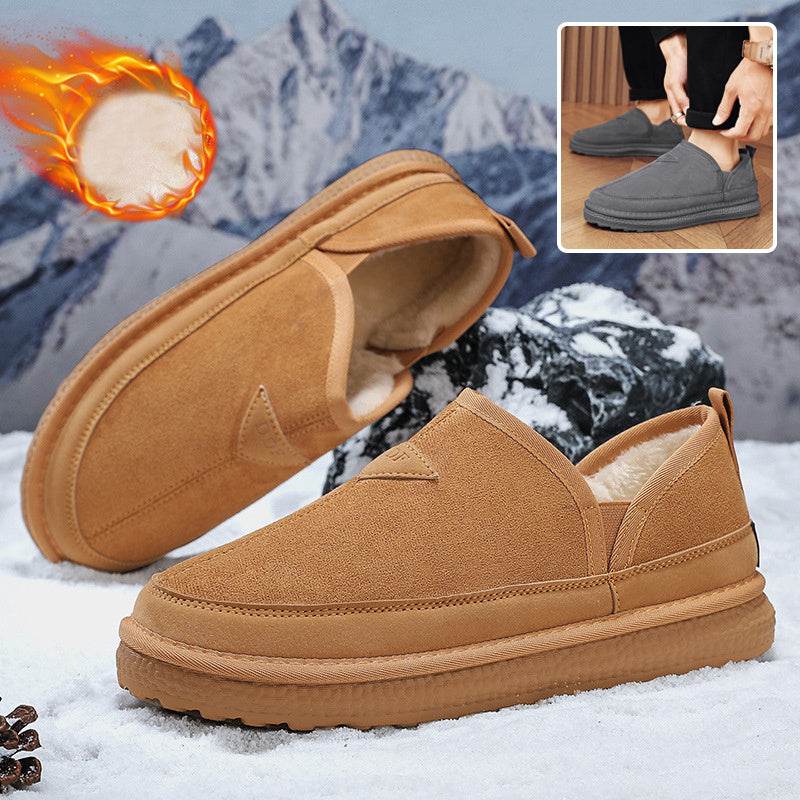 V-cut Fleece Snow Boots Winter Warm Round-toed Suede Ankle Boot Fashion Simple Non-slip Flat Cotton Shoes For Men - Mubimart