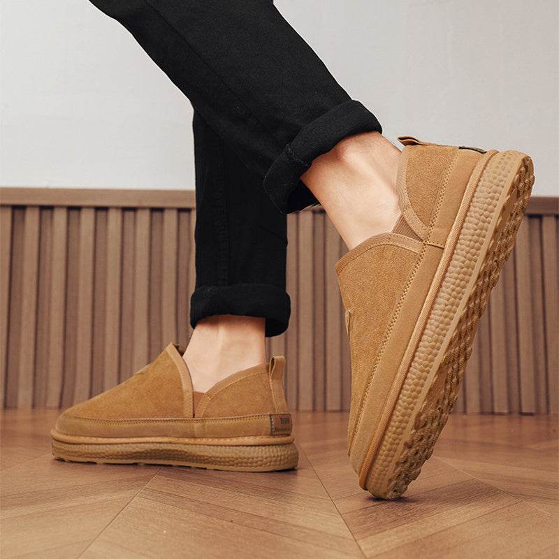 V-cut Fleece Snow Boots Winter Warm Round-toed Suede Ankle Boot Fashion Simple Non-slip Flat Cotton Shoes For Men - Mubimart