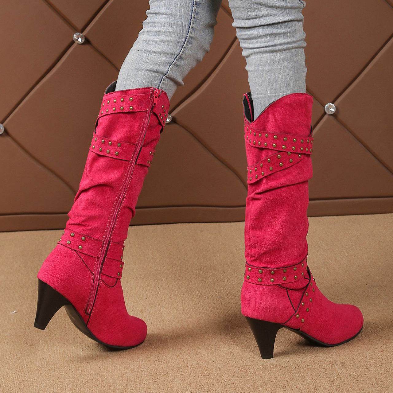 Fashion High Heel Boots With Cross-strap Rivet Design Retro V-cut Western Cowboy Boot Casual Zipper Shoes For Women - Mubimart