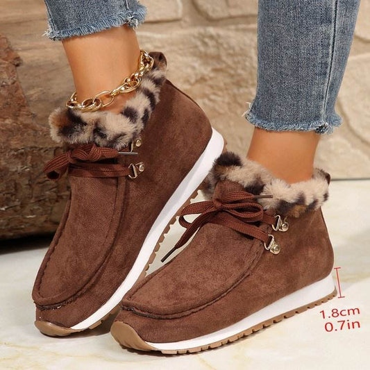 Winter Lace-up Snow Boots Casual Warm Plush Flat Shoes Women's Fleece Ankle Boot - Mubimart