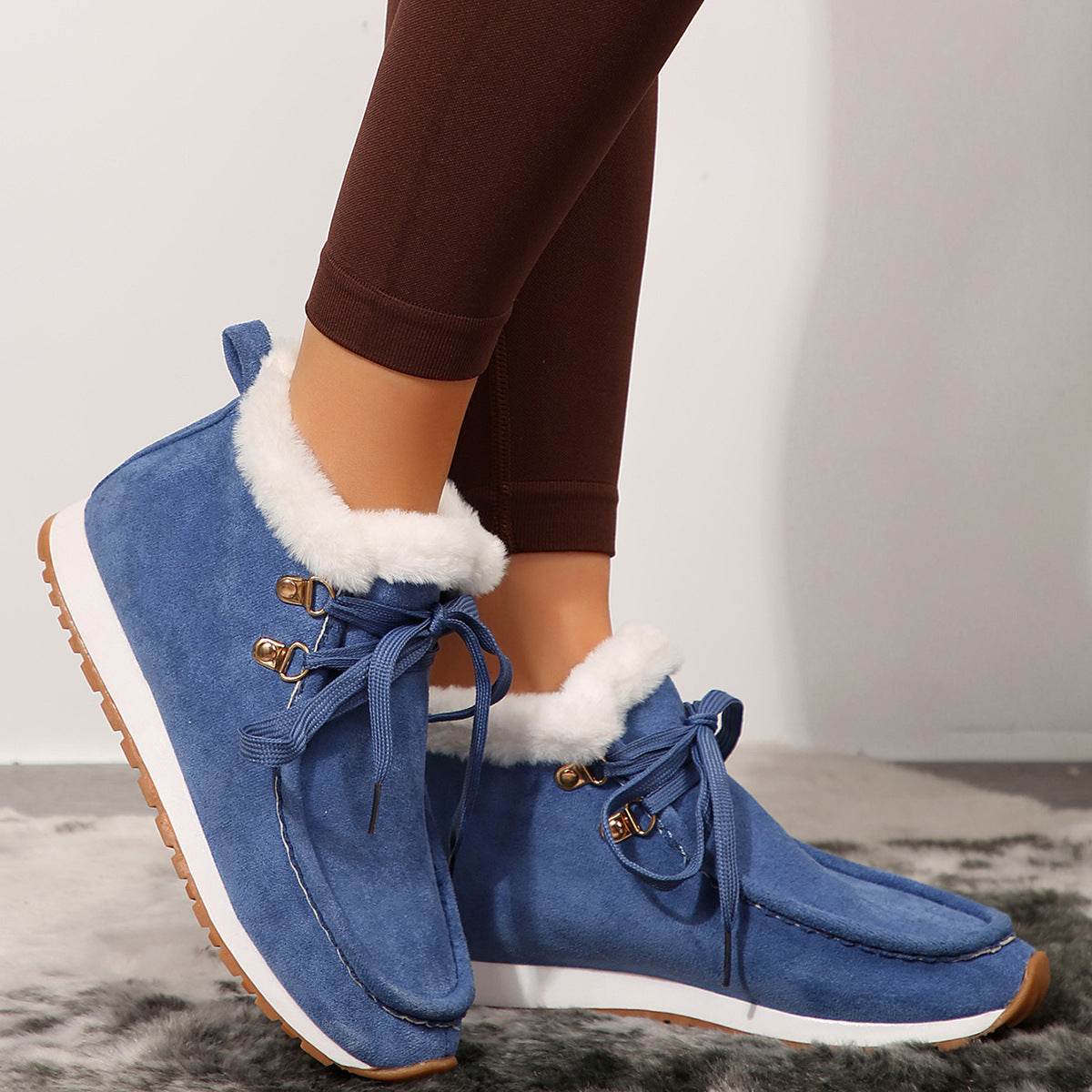 Winter Lace-up Snow Boots Casual Warm Plush Flat Shoes Women's Fleece Ankle Boot - Mubimart