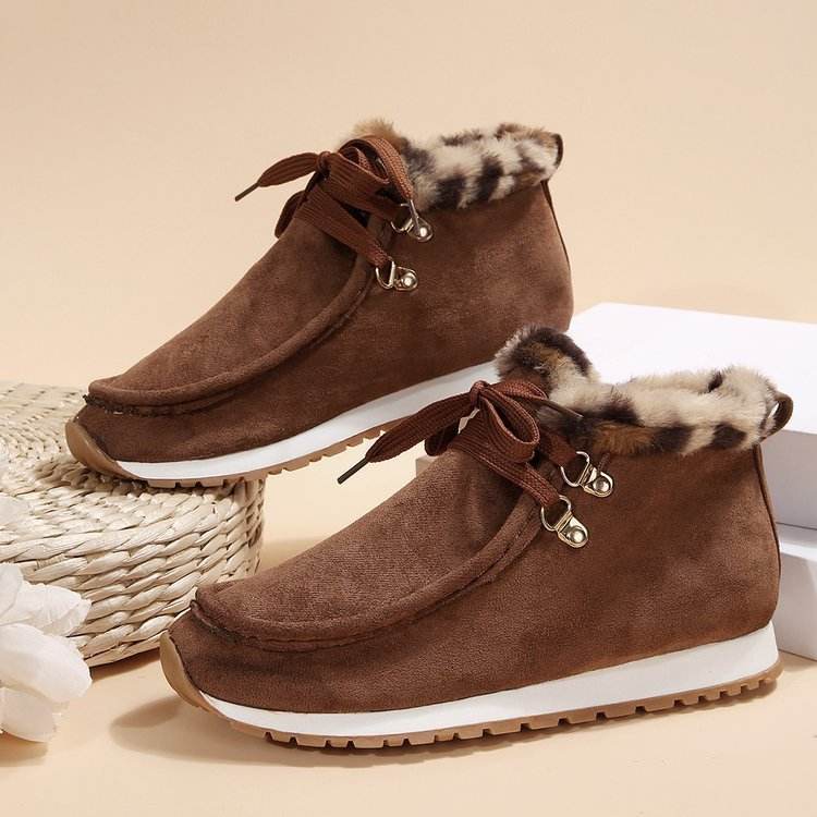 Winter Lace-up Snow Boots Casual Warm Plush Flat Shoes Women's Fleece Ankle Boot - Mubimart
