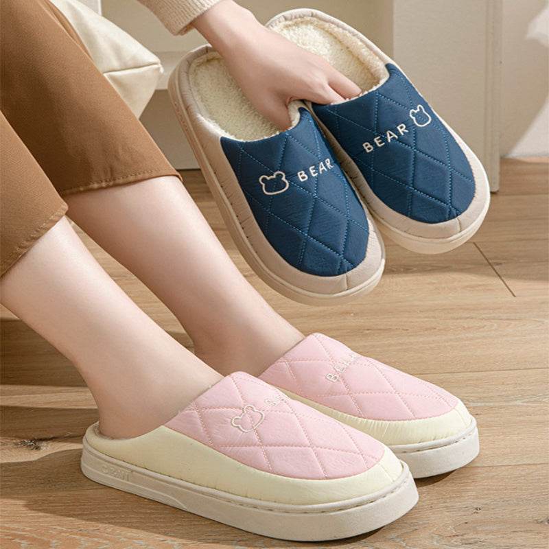Rhombic Sewing Plush Slippers For Men Winter Warm Non-slip House Shoes Women's Bedroom Floor Home Slipper Couple - Mubimart