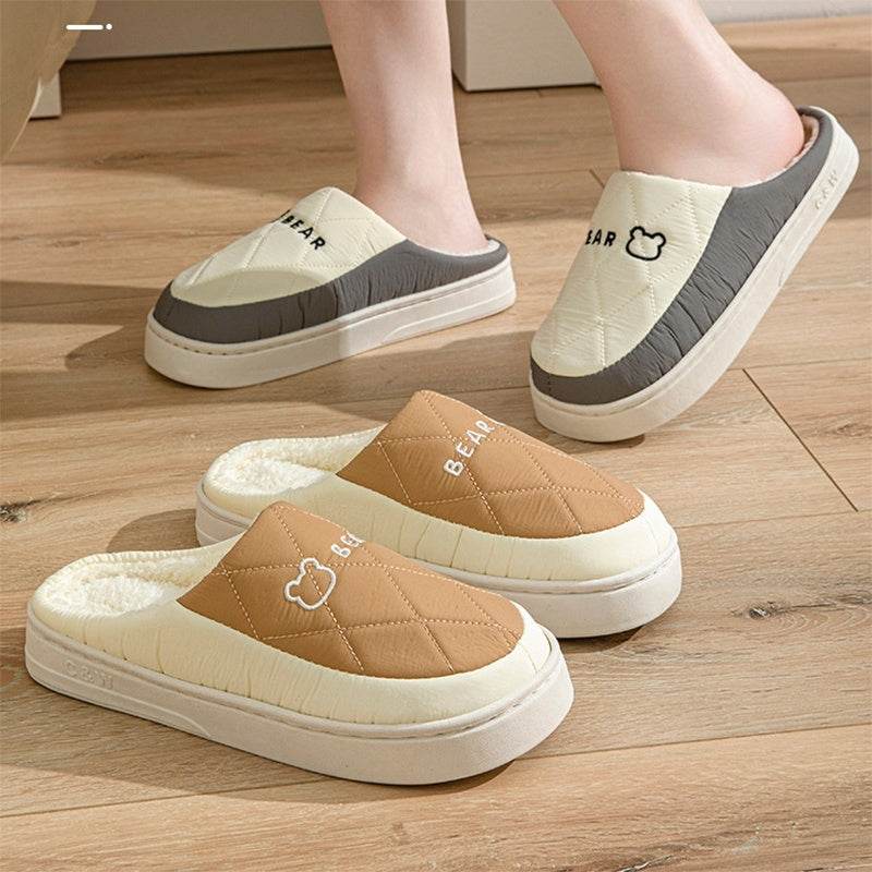 Rhombic Sewing Plush Slippers For Men Winter Warm Non-slip House Shoes Women's Bedroom Floor Home Slipper Couple - Mubimart