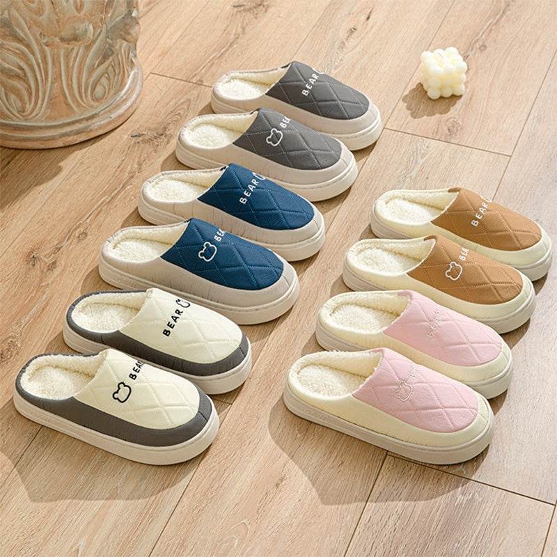 Rhombic Sewing Plush Slippers For Men Winter Warm Non-slip House Shoes Women's Bedroom Floor Home Slipper Couple - Mubimart