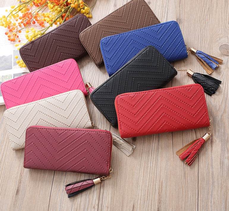 New women's wallet single pull fringed bag long zipper student bag clutch bag - Mubimart