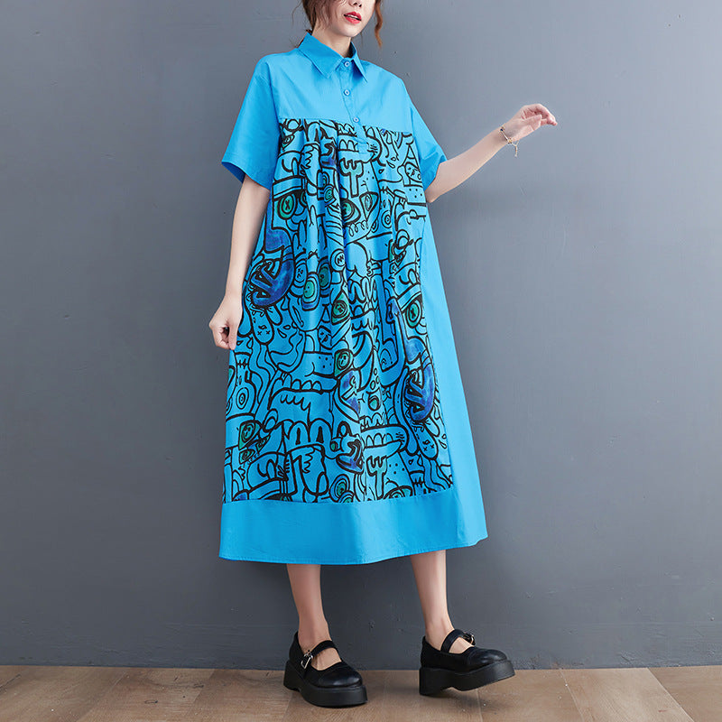 Plus Size Loose Fashion Short Sleeve Printed Mid Length Shirt Dress - Mubimart -  