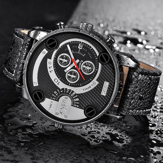 Mens Big Watches Fashion Leather Date Gifts Wristwatch - Mubimart