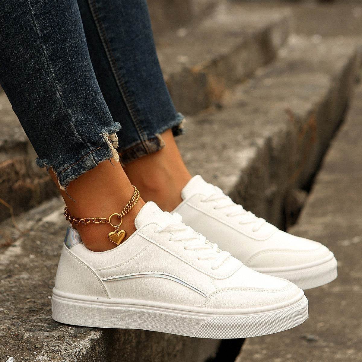 Lace-up White Flats Shoes Fashion Round Toe Slip-on Thick Sole Casual Shoes For Women - Mubimart