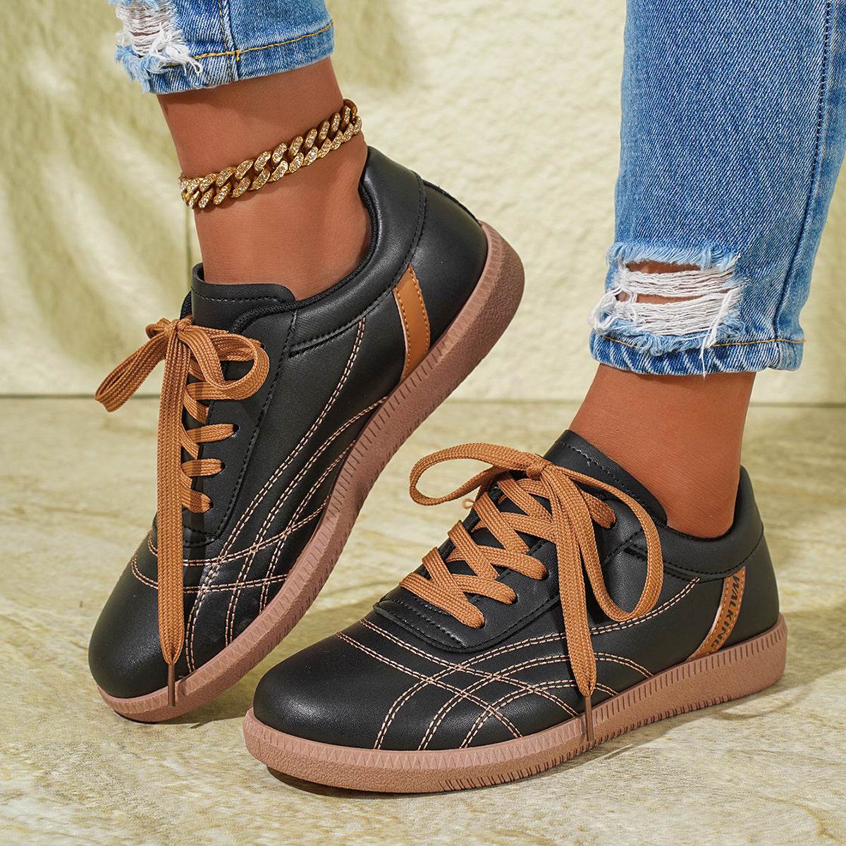 Retro Lace-Up Sneakers Fashion Casual Thick-soled Sports Shoes For Women Round Toe Slip On Casual Shoes - Mubimart