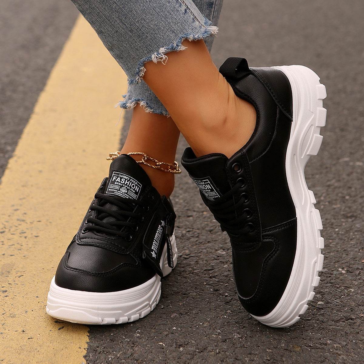 Lace-up Sports Shoes With Side-Zipper Design Fashion Thick-soled Round-toe Casual Shoes For Women Sneakers - Mubimart